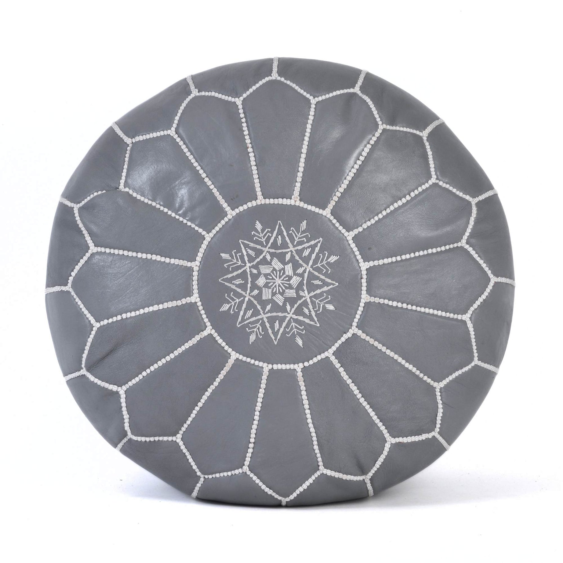 Hand-stitched Embroidery Genuine Leather Ottoman Pouf - Gray White