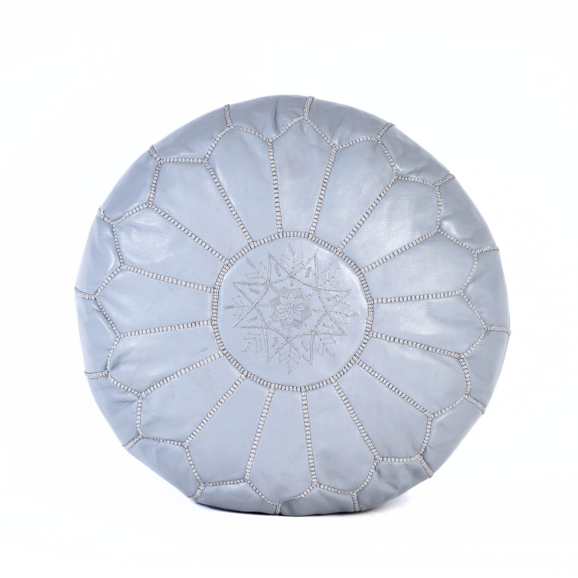 Hand-stitched Embroidery Genuine Leather Ottoman Pouf - Light Gray