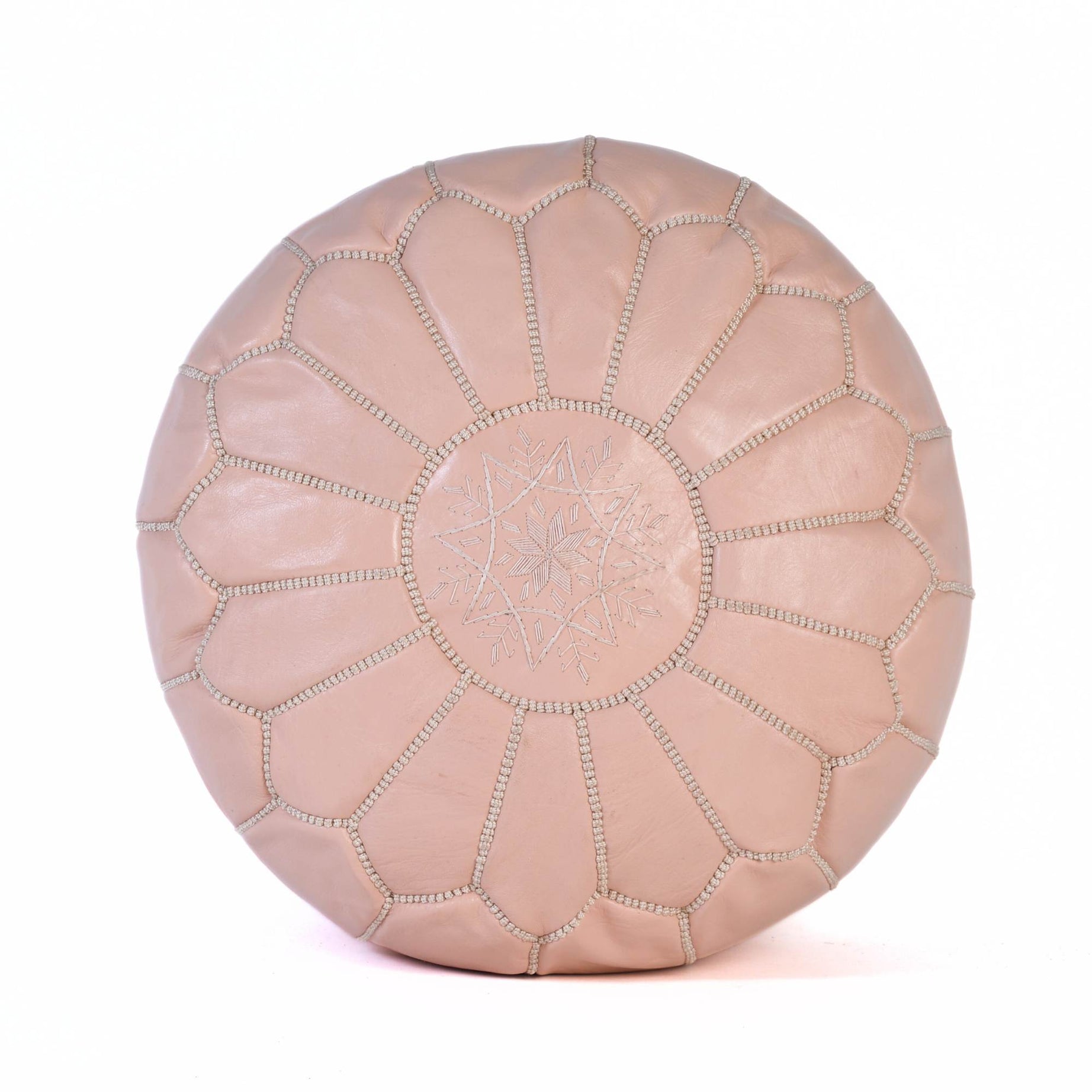 Hand-stitched Embroidery Genuine Leather Ottoman Pouf - Light Pink