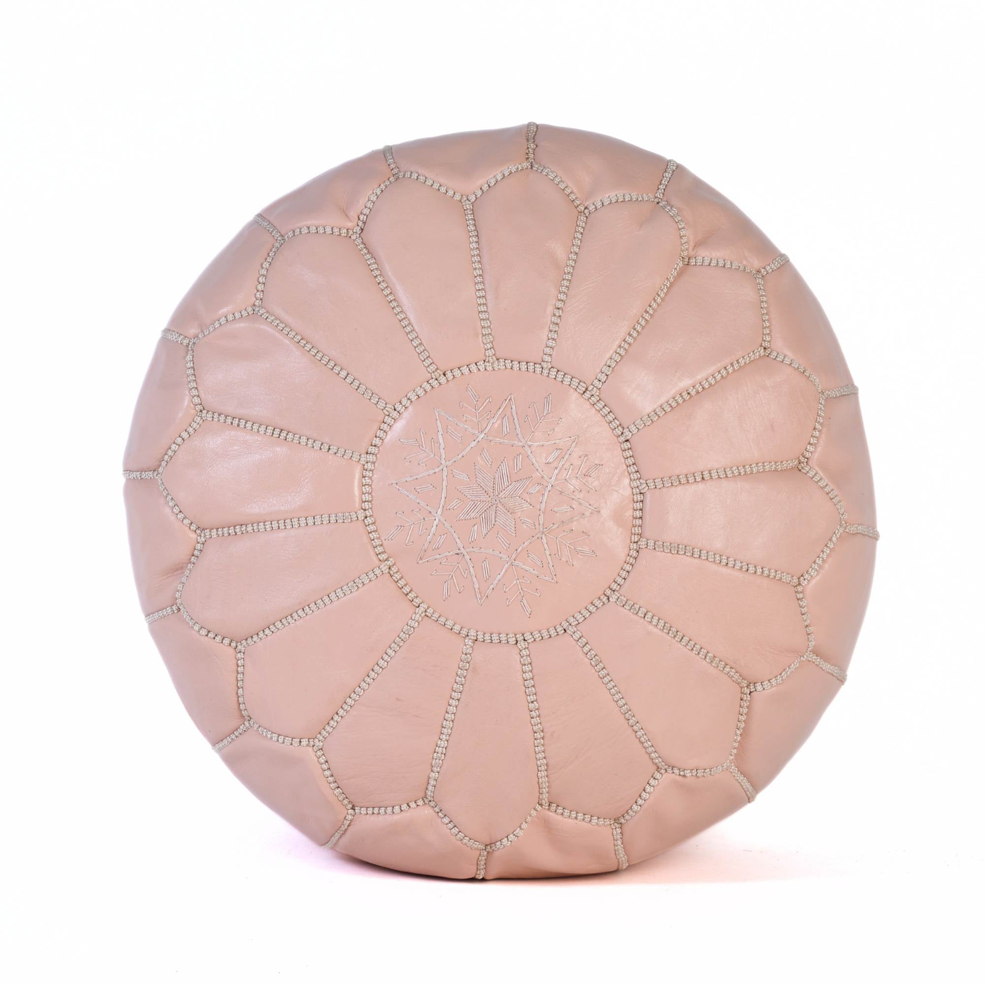 Hand-stitched Embroidery Genuine Leather Ottoman Pouf - Light Pink