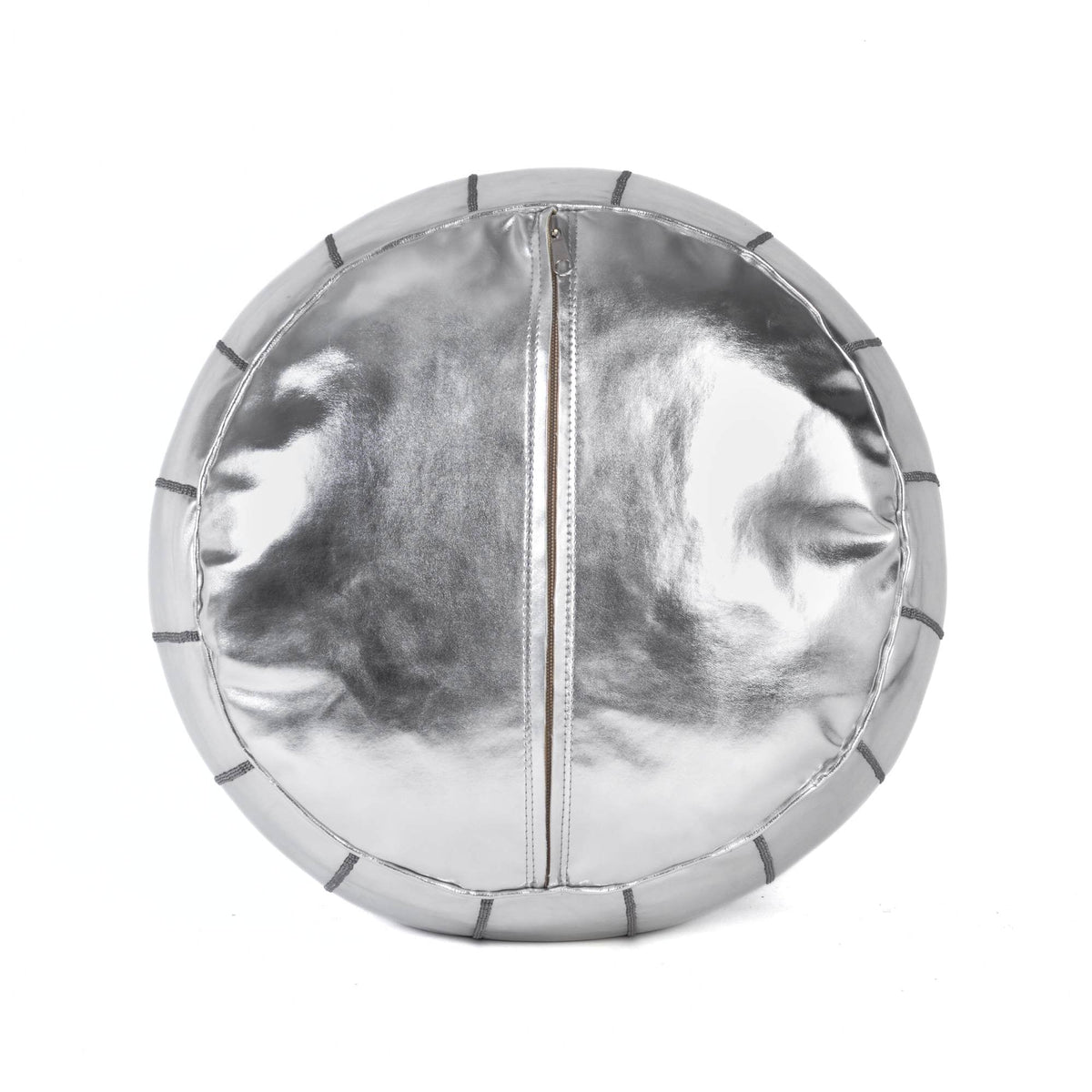 Hand-stitched Embroidery Genuine Leather Ottoman Pouf - Silver