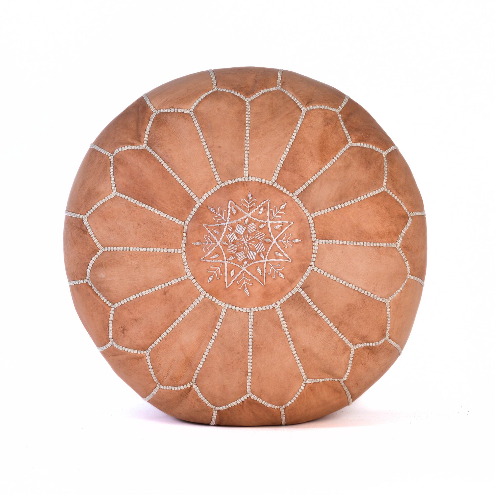 Hand-stitched Embroidery Genuine Leather Ottoman Pouf - Tan Brown