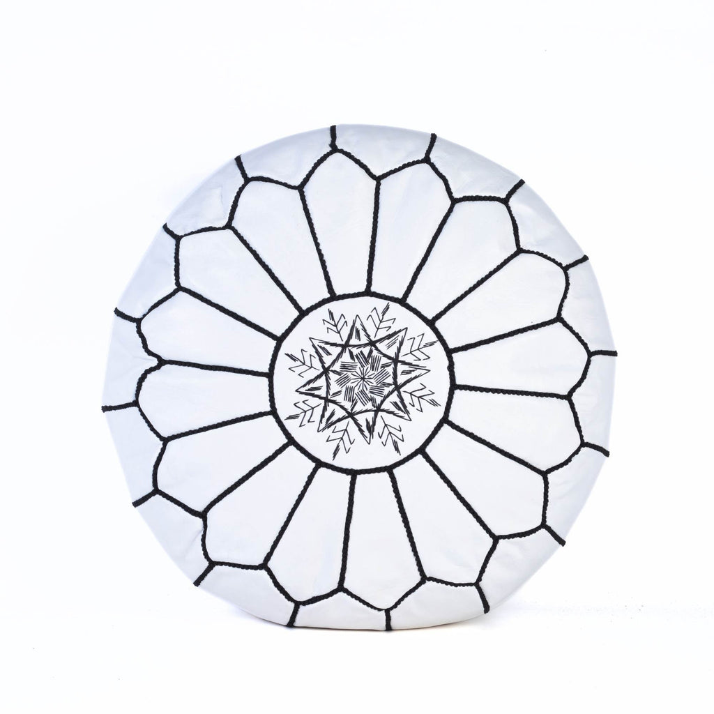 Hand-stitched Embroidery Genuine Leather Ottoman Pouf - White Black