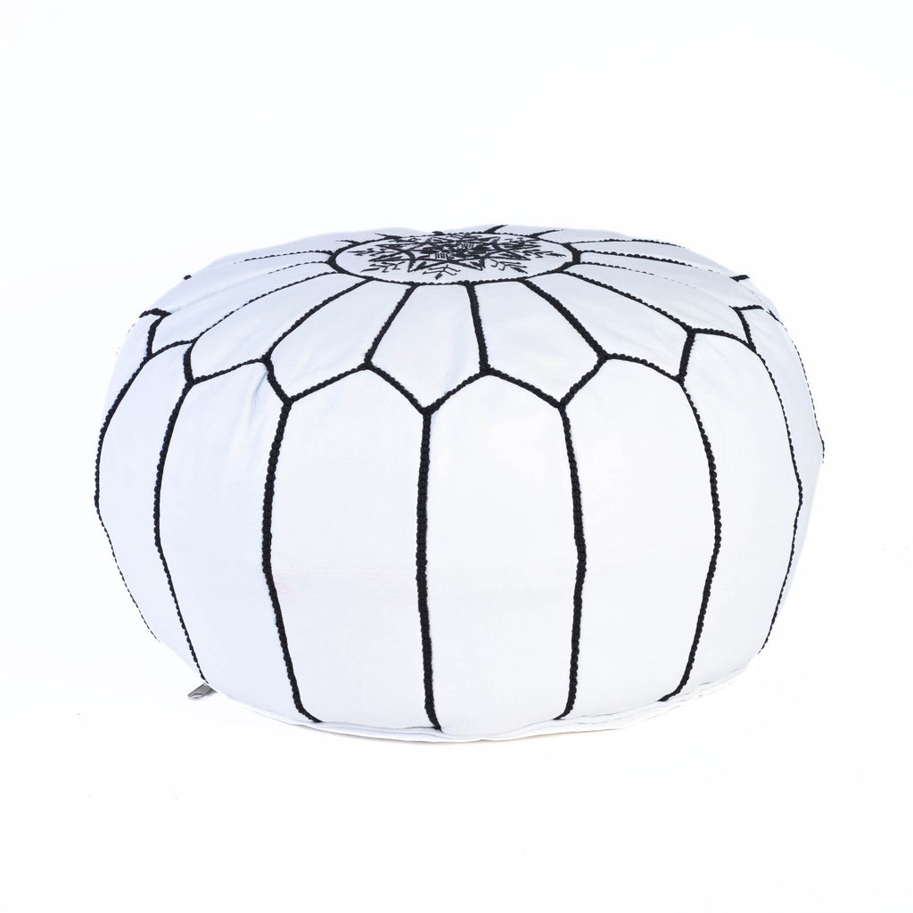 Hand-stitched Embroidery Genuine Leather Ottoman Pouf - White Black