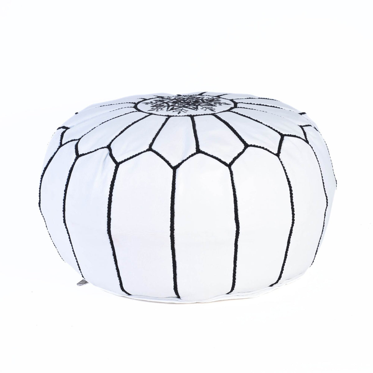 Hand-stitched Embroidery Genuine Leather Ottoman Pouf - White Black