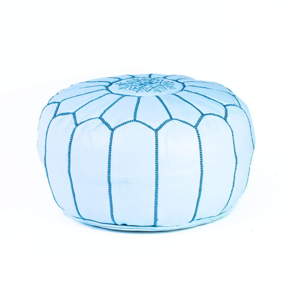 Hand-stitched Embroidery Genuine Leather Ottoman Pouf - White Turquoise