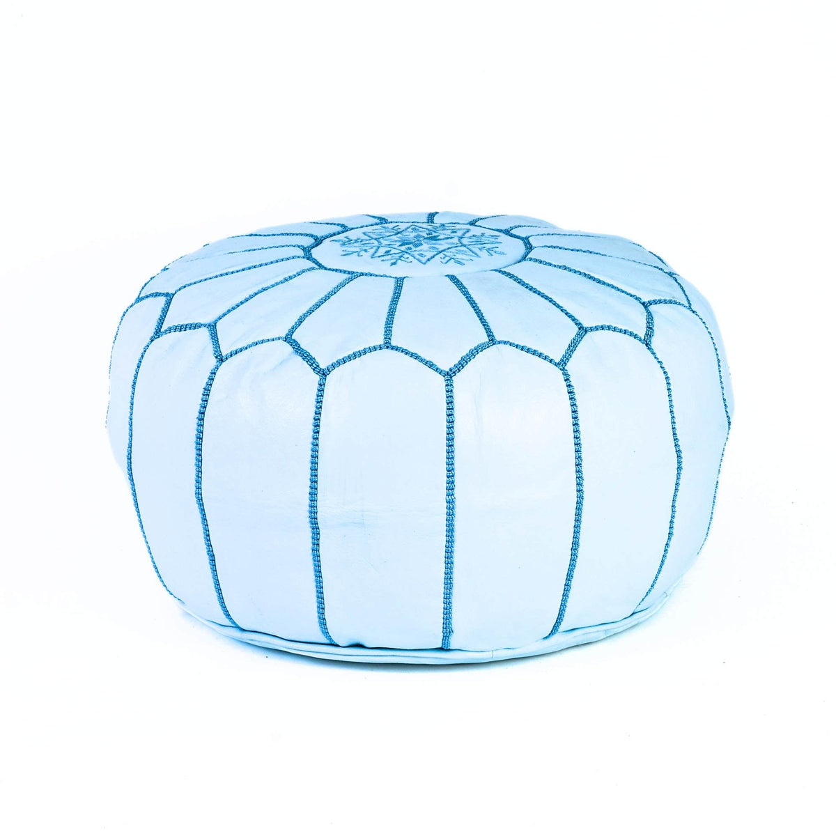Hand-stitched Embroidery Genuine Leather Ottoman Pouf - White Turquoise