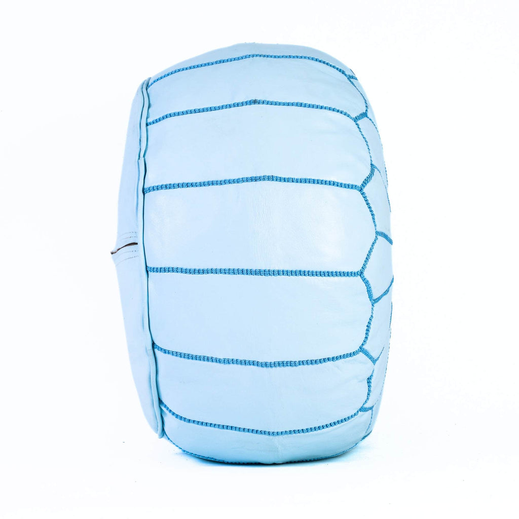 Hand-stitched Embroidery Genuine Leather Ottoman Pouf - White Turquoise