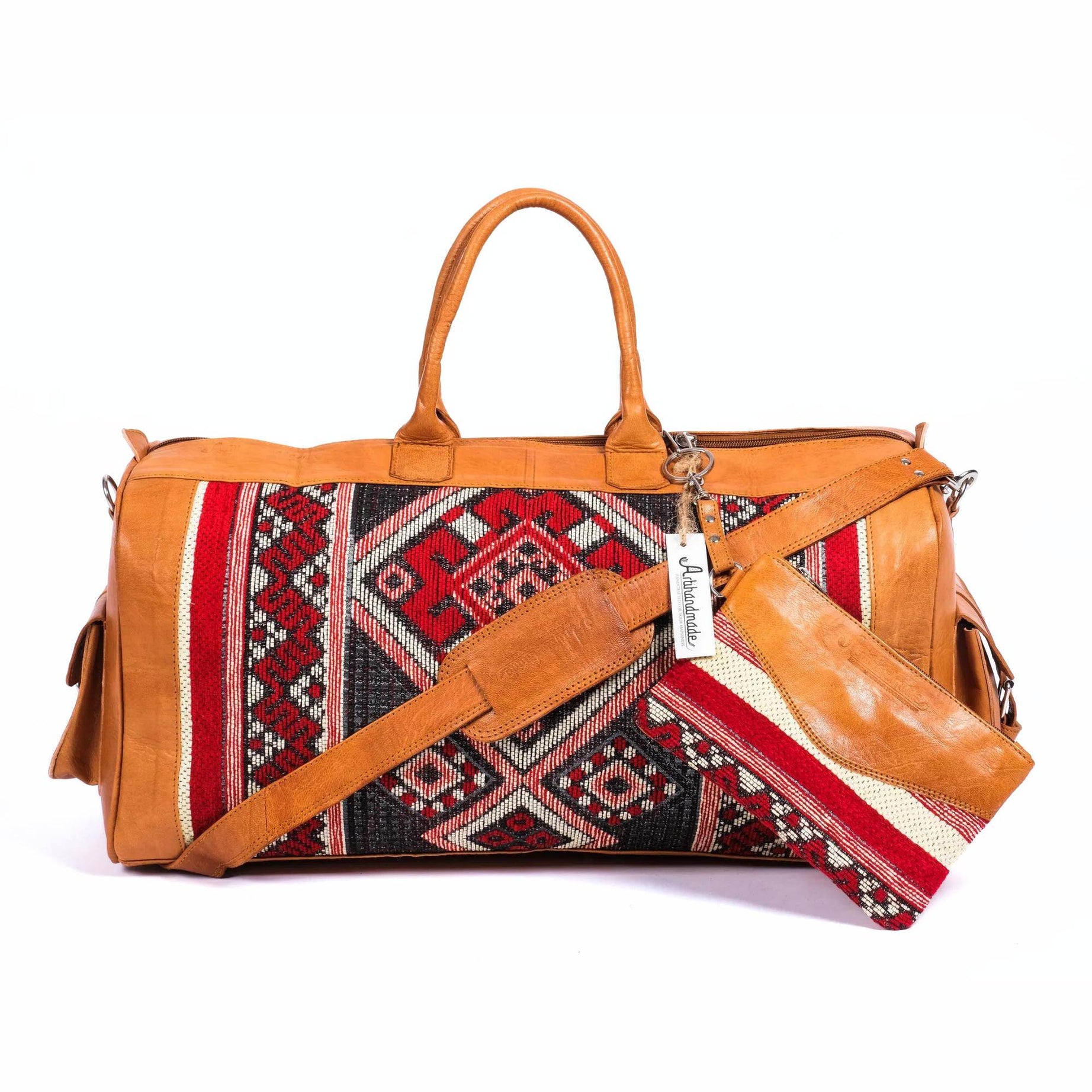 Leather Kilim Travel Bag With Wallet - Cognac And Almond Leather
