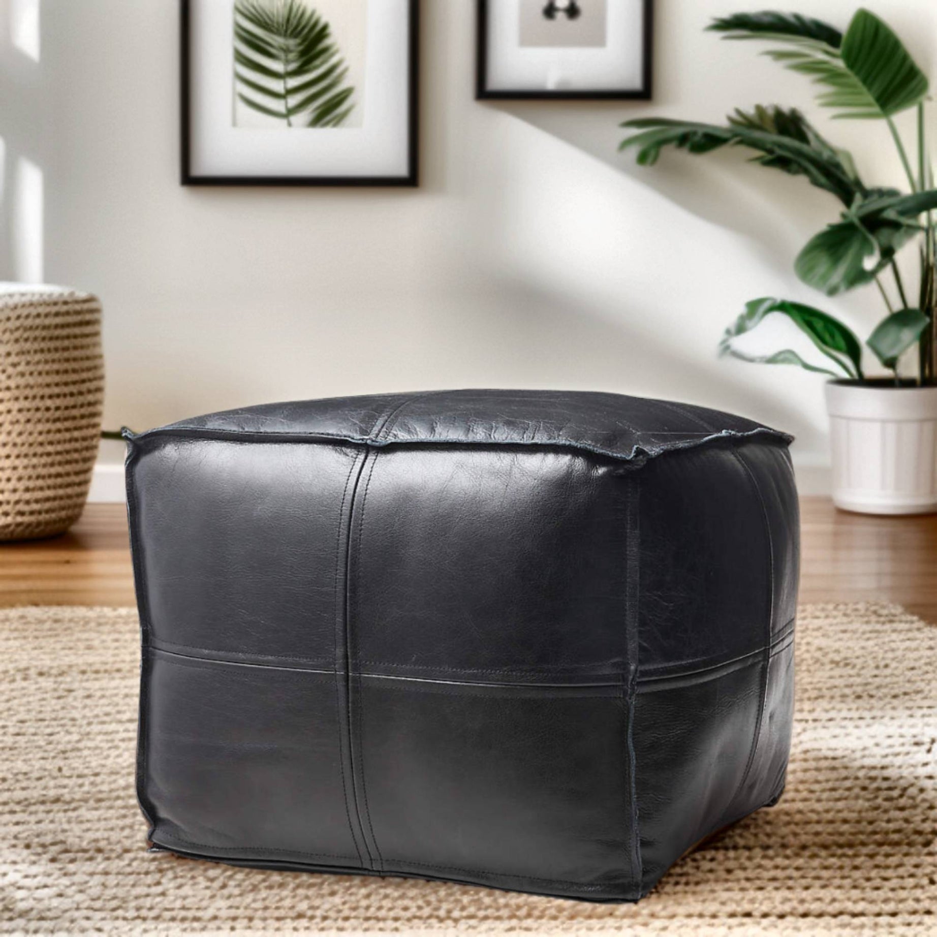 Premium Square Moroccan Black Leather Pouf