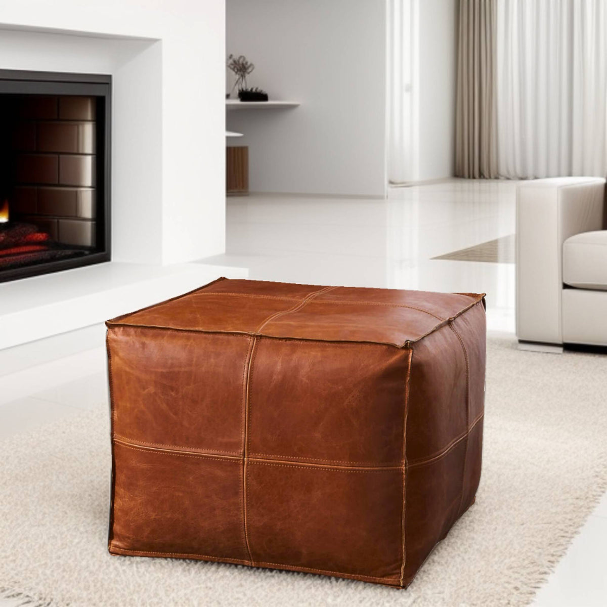 Premium Silver Pearl Leather - Square Ottoman Pouf, Handcrafted Large Ottoman, Luxury Home Decor | Luxury Footrest & Seat | Modern Design