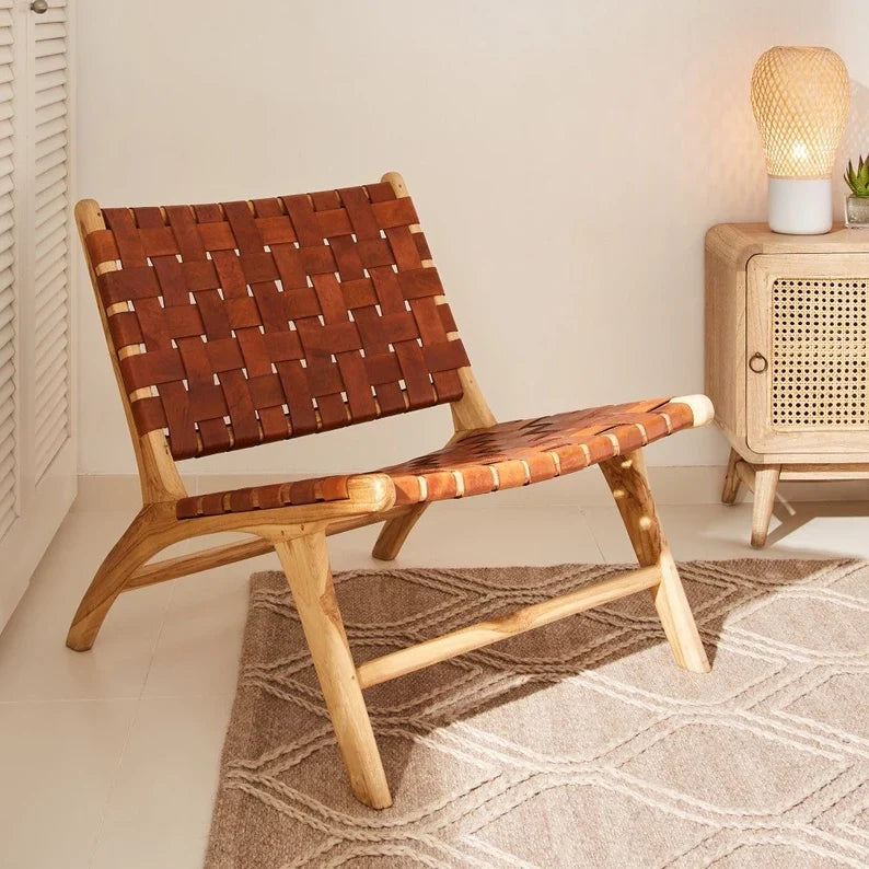 Woven Leather Lounge Chair - Brown
