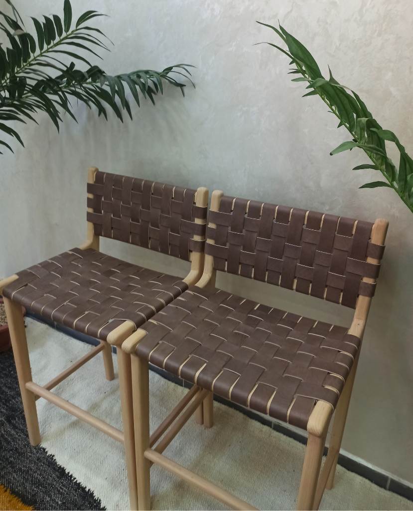Leather Strap Counter Stool - Natural Teak Wood With Dark Brown Leather