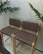 Leather Strap Counter Stool - Natural Teak Wood With Dark Brown Leather