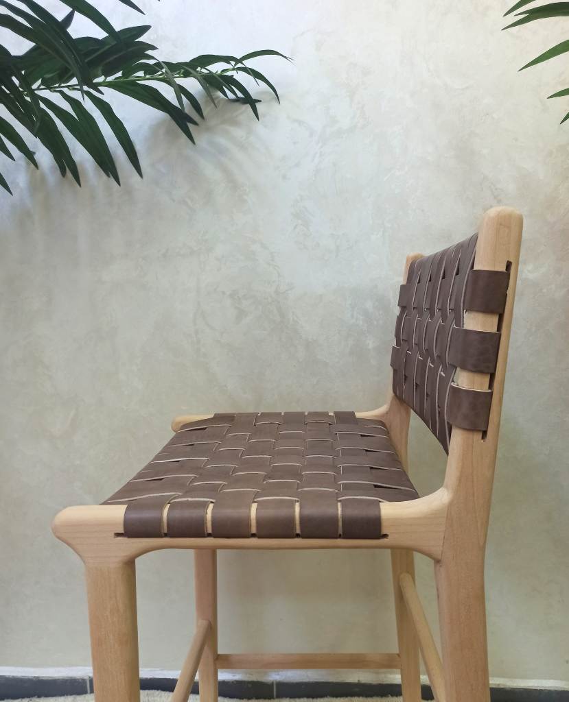 Leather Strap Counter Stool - Natural Teak Wood With Dark Brown Leather