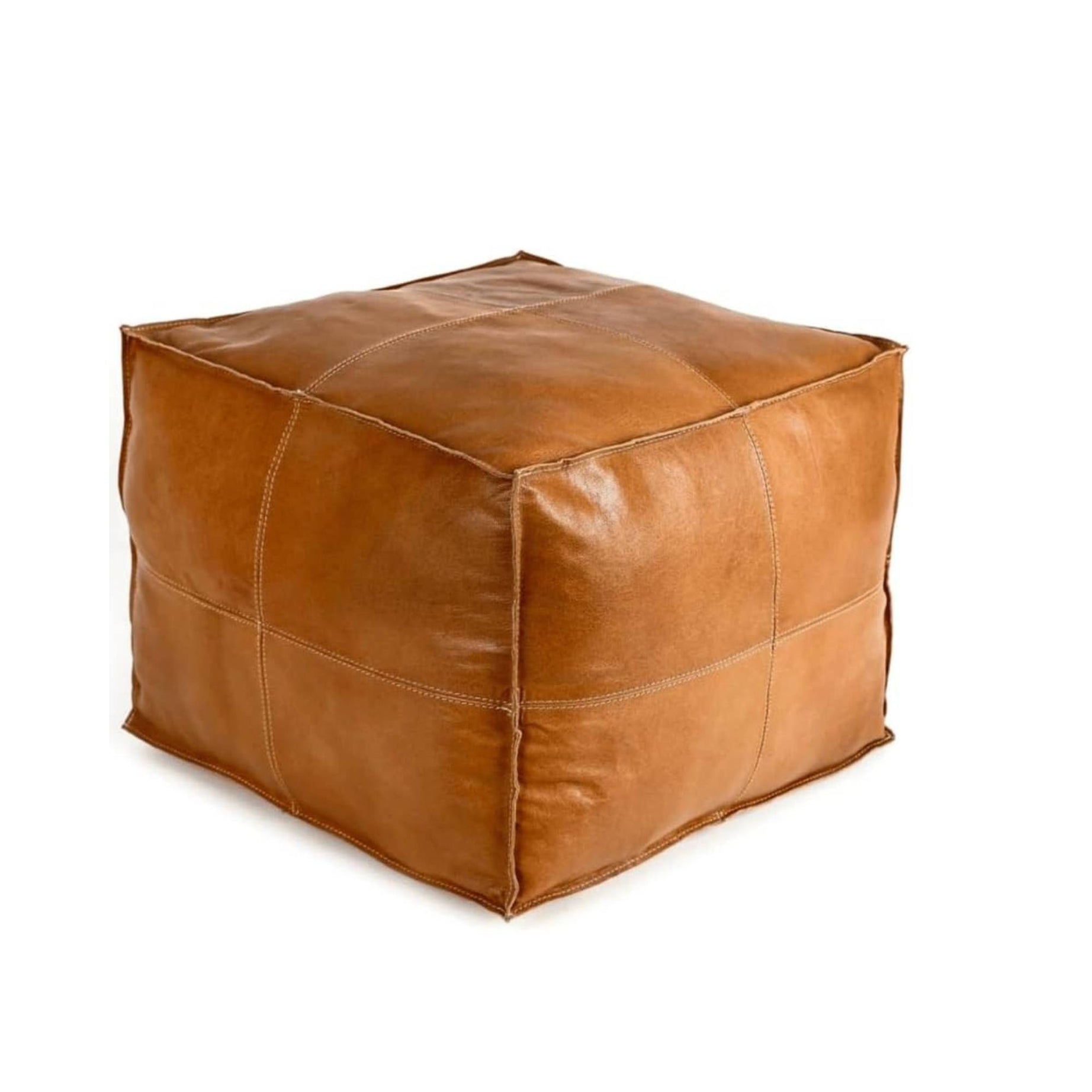 Premium Square Moroccan Cognac Leather Pouf