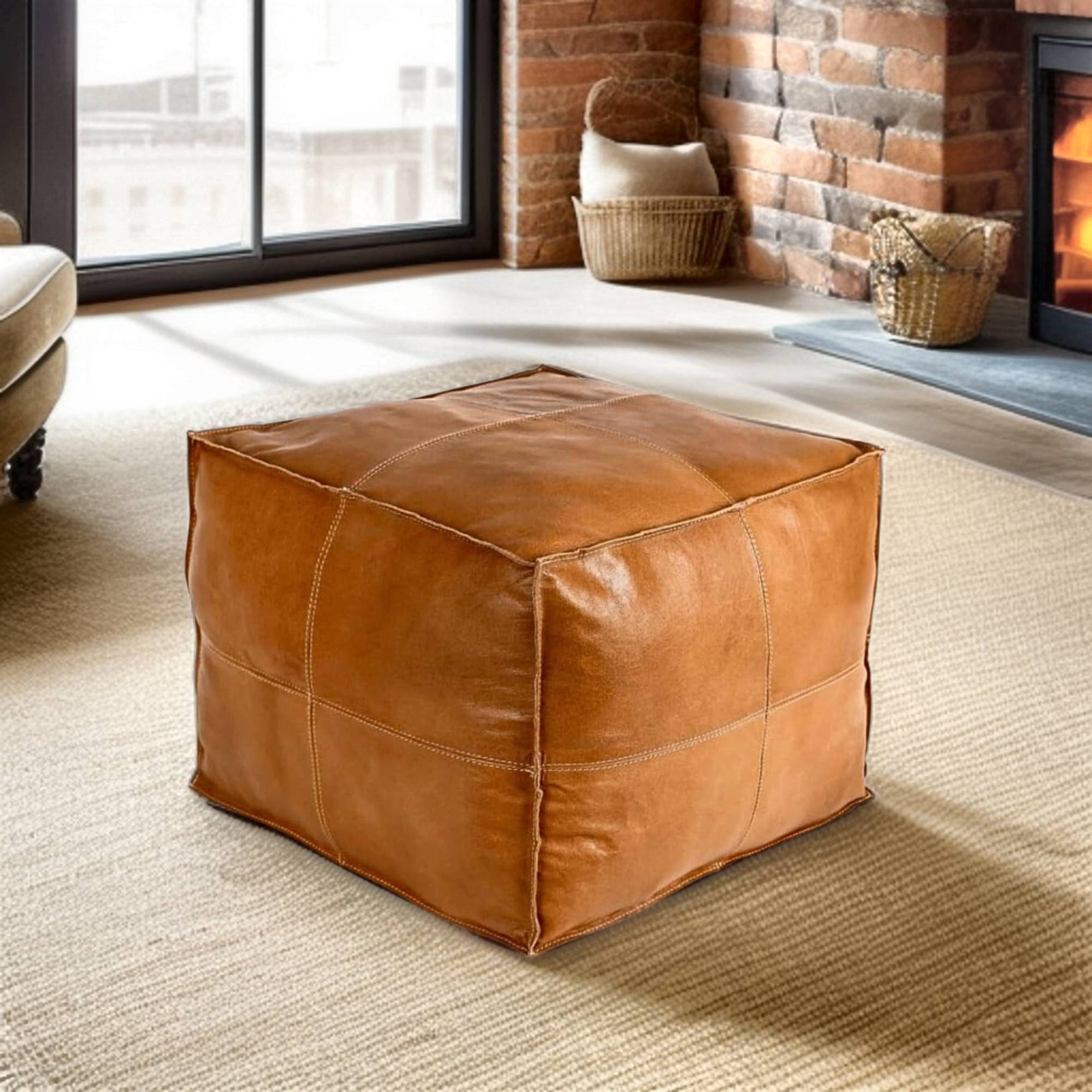 Premium Square Moroccan Cognac Leather Pouf