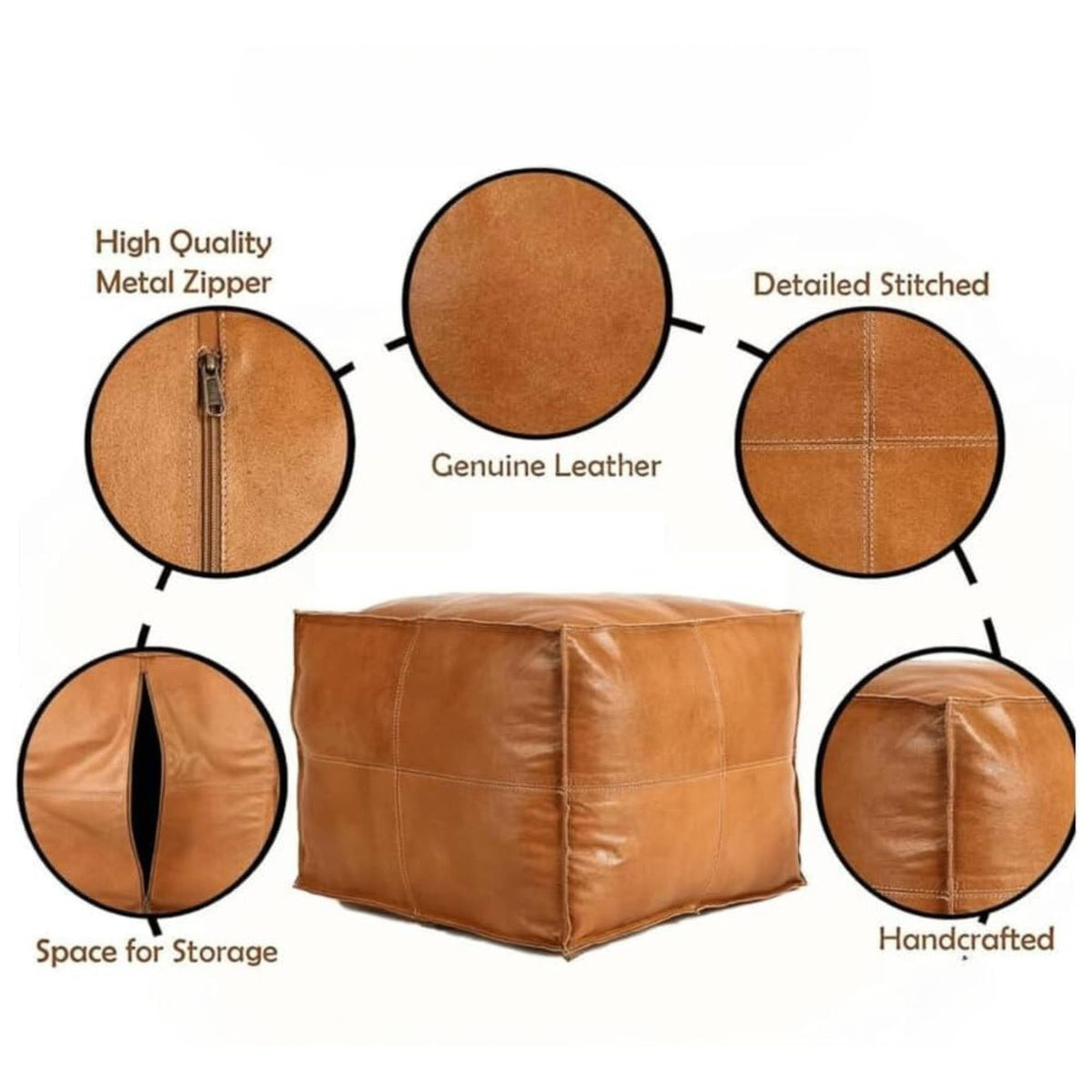 Premium Square Moroccan Cognac Leather Pouf