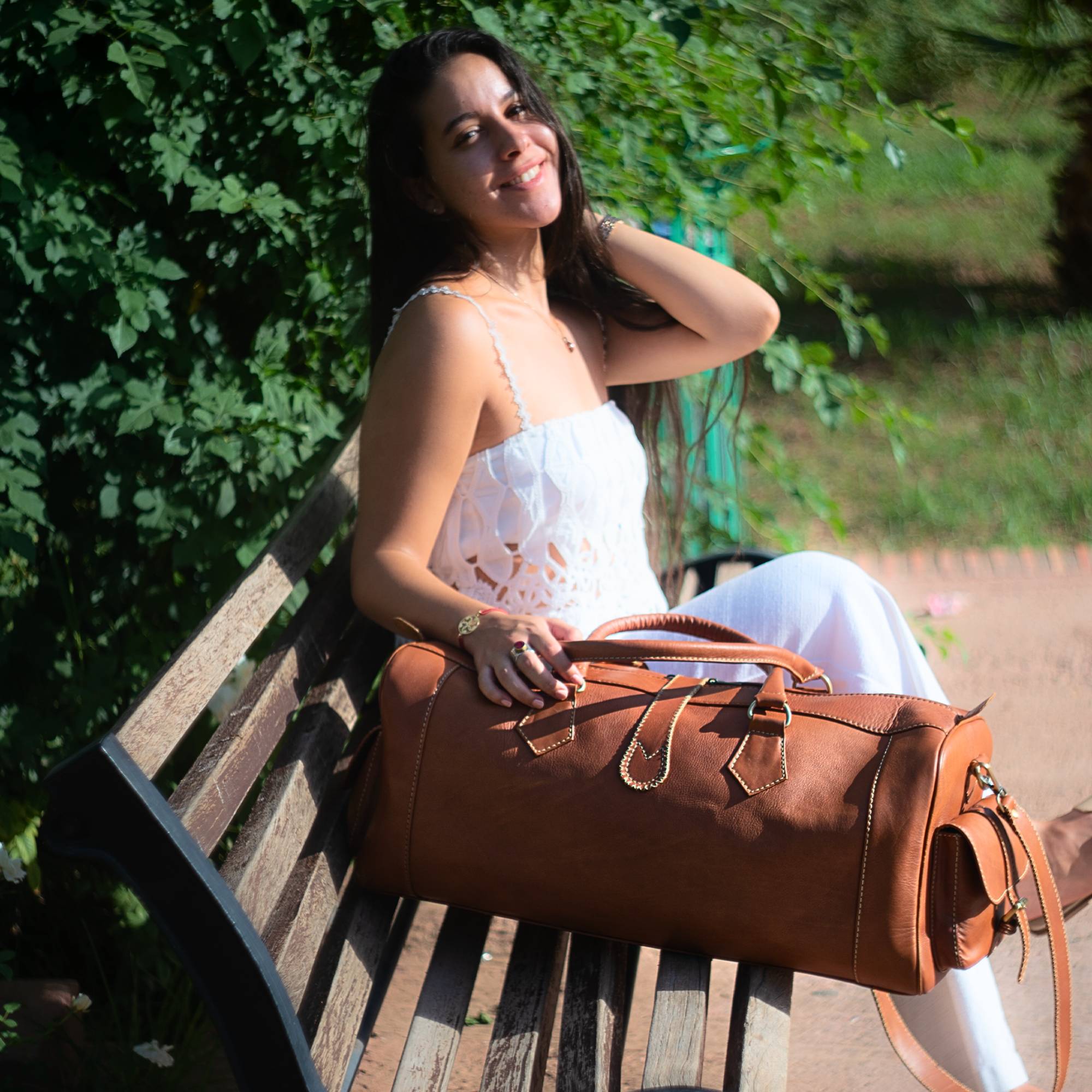 Hand Stitched Vintage Cognac Travel Leather Bag