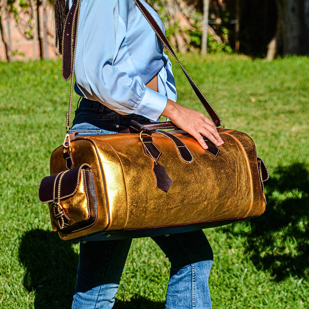 Hand Stitched Vintage Gold Travel Leather Bag