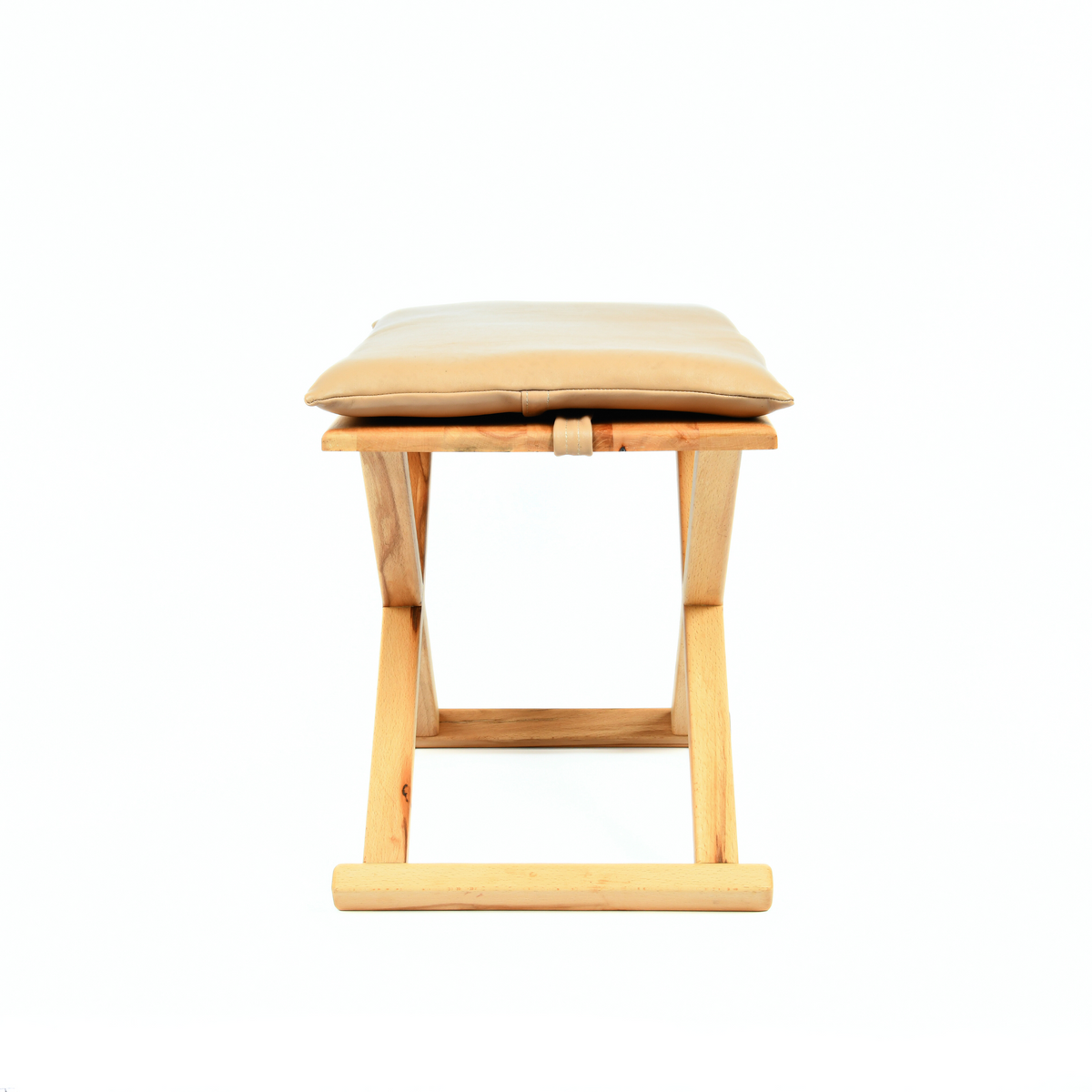 Vintage X Stool Varnished Wood With Beige Leather Cushion