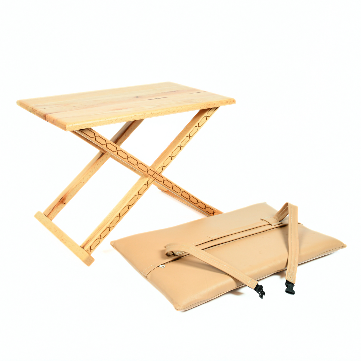 Vintage X Stool Varnished Wood With Beige Leather Cushion