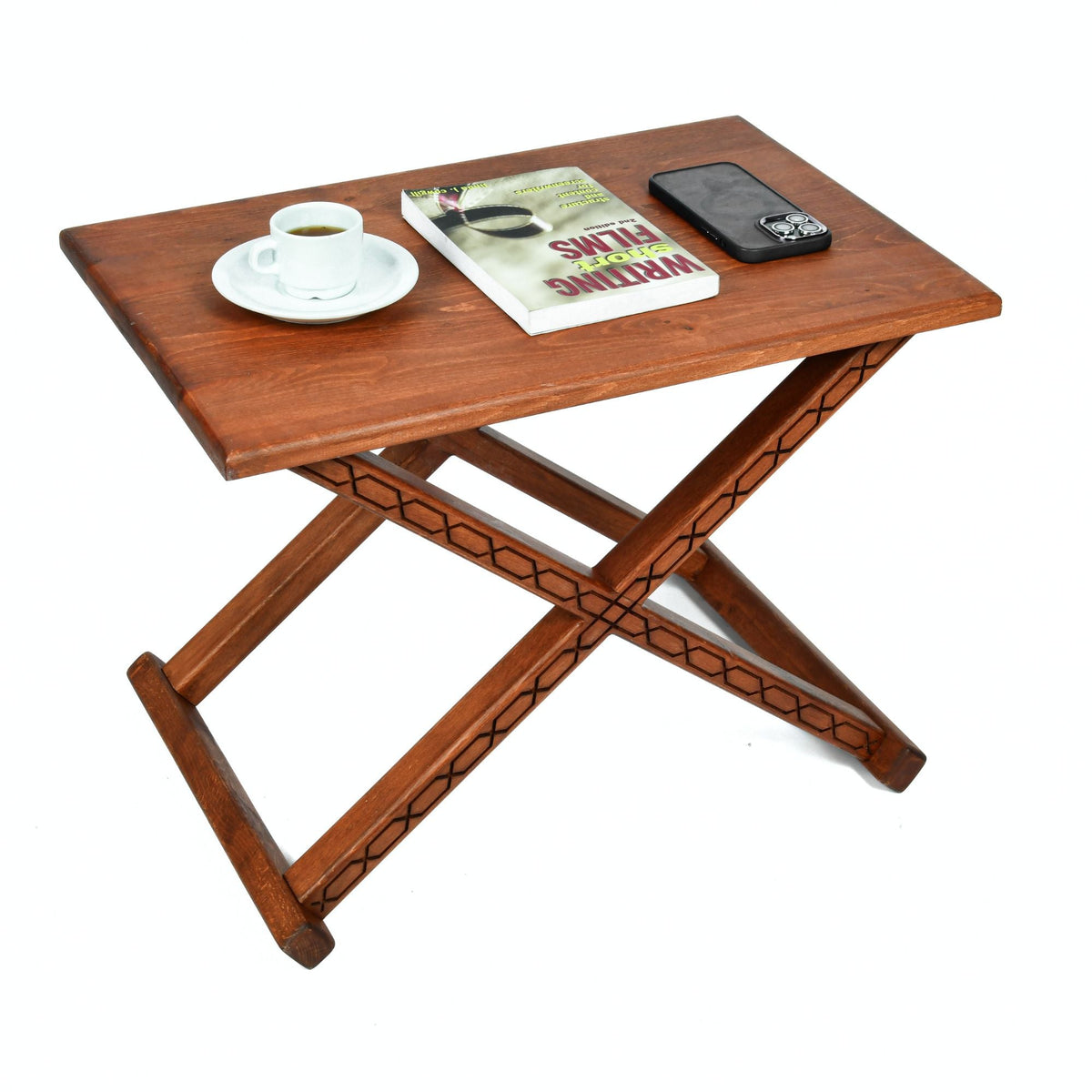 Handcrafted Brown Wood Stool With Brown Leather Cushions