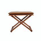 Handcrafted Brown Wood Stool With Brown Leather Cushions