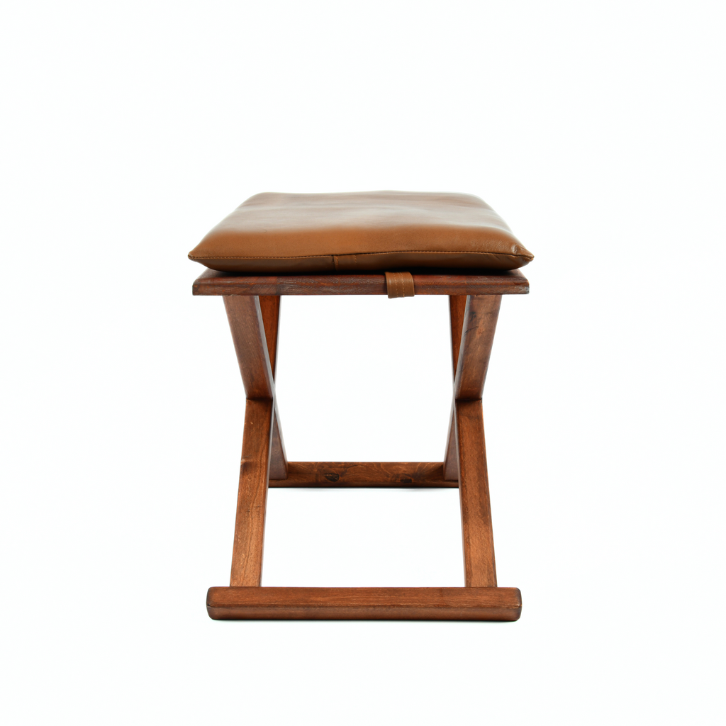 Handcrafted Brown Wood Stool With Brown Leather Cushions