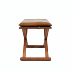 Handcrafted Brown Wood Stool With Brown Leather Cushions