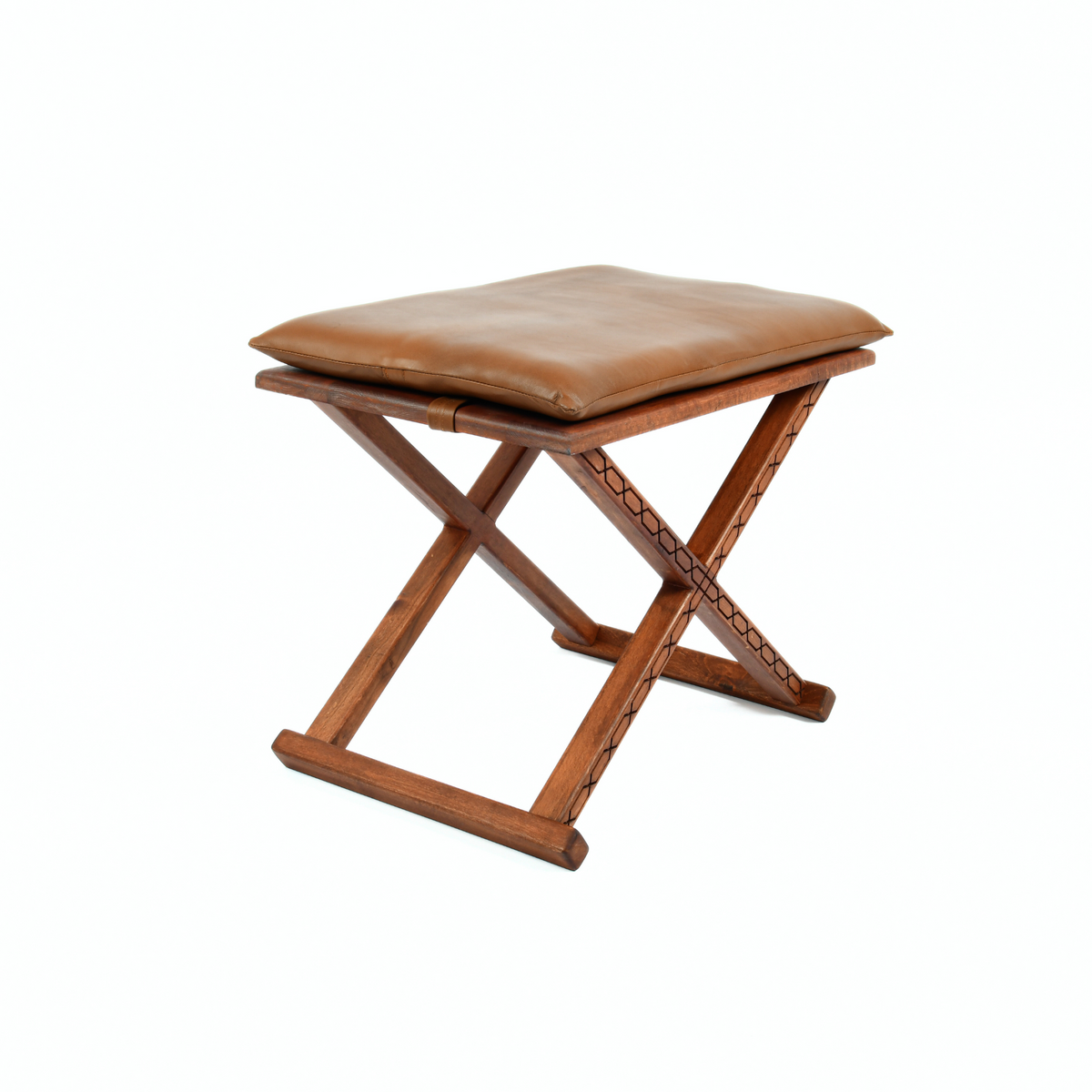 Handcrafted Brown Wood Stool With Brown Leather Cushions