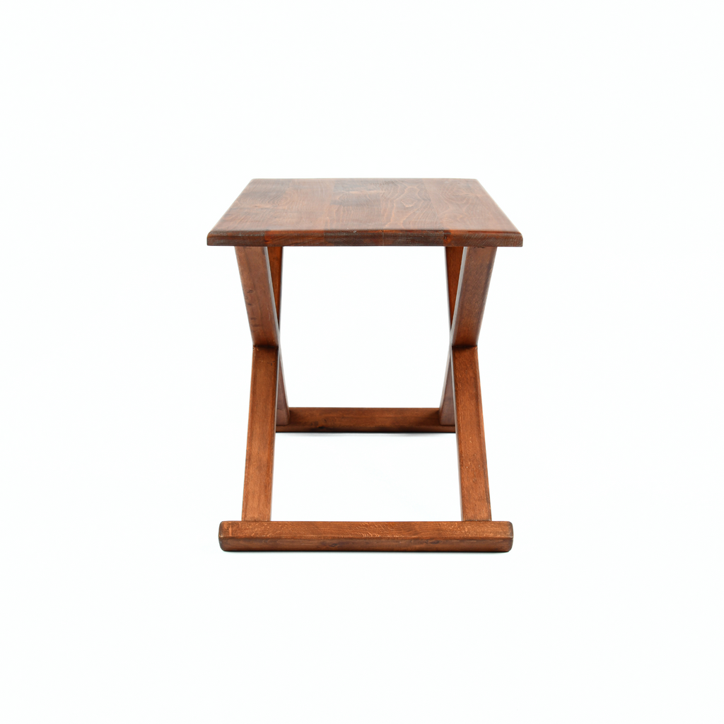 Handcrafted Brown Wood Stool With Brown Leather Cushions