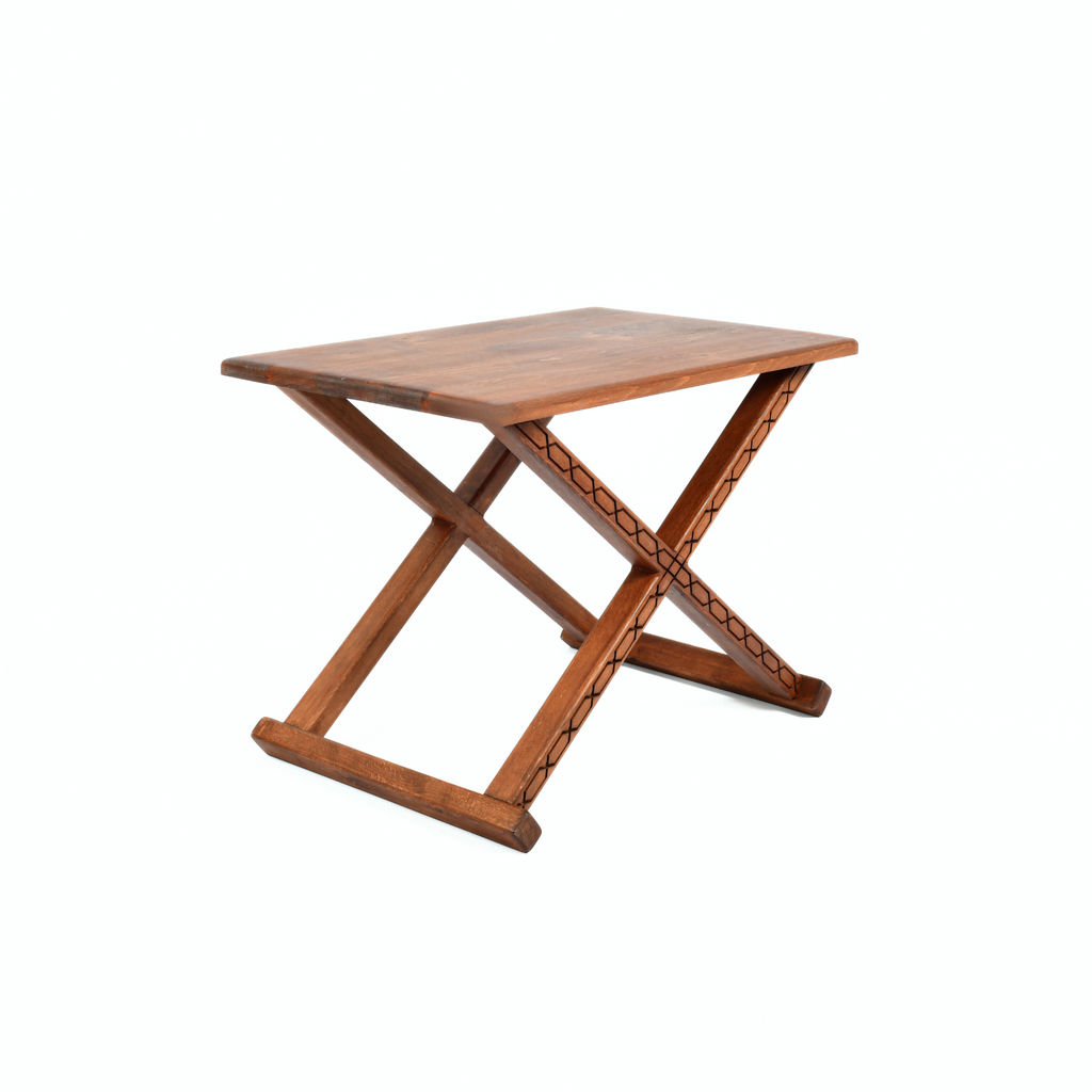 Handcrafted Brown Wood Stool With Brown Leather Cushions